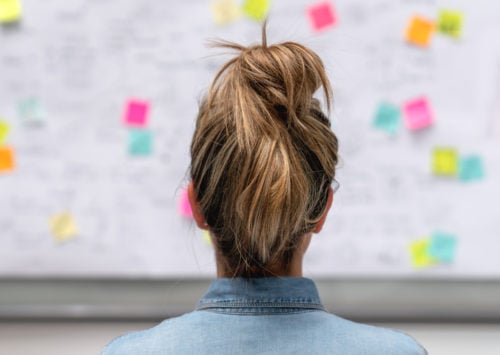 business woman brainstorming product management via whiteboard