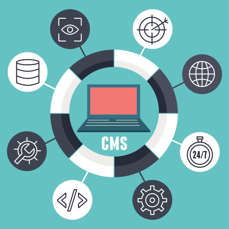 A graphic image of a laptop surrounded by CMS icons on a blue background