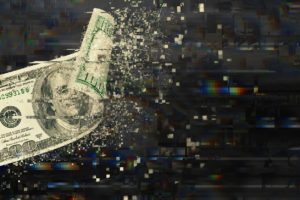 An edited image of a 100 dollar bill (US) disintegrating into a digital landscape