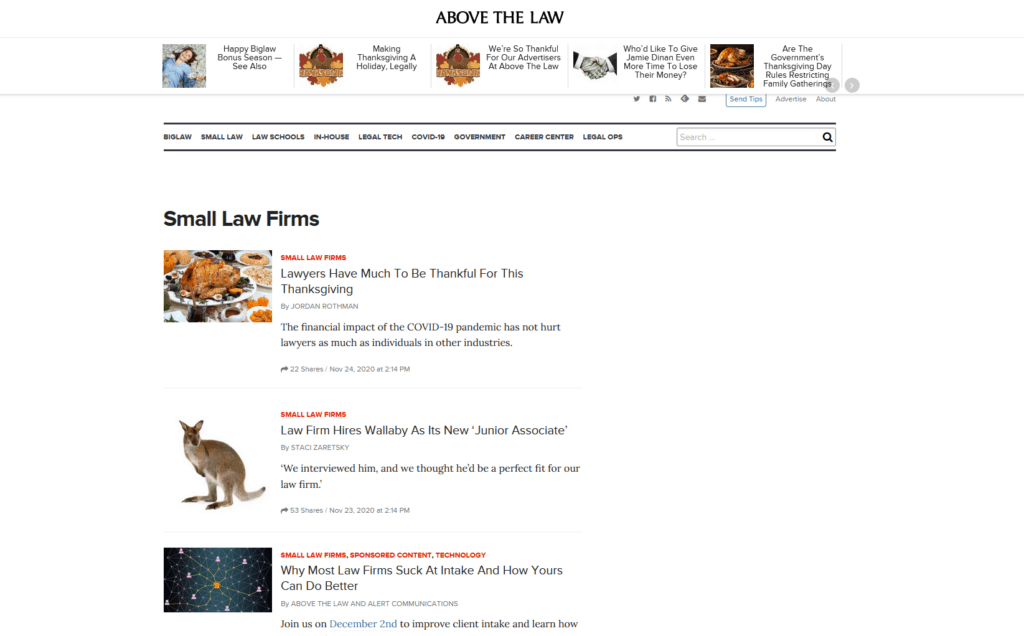 Above the Law legal blog displays posts on a variety of topics