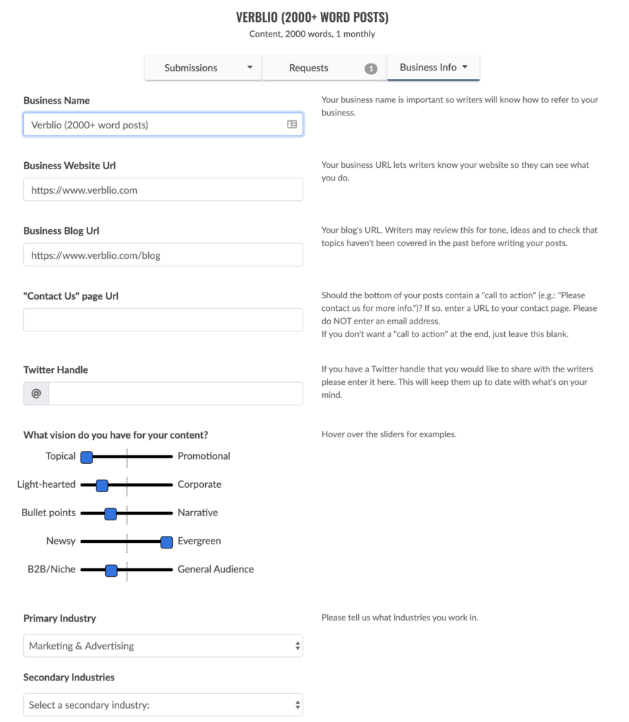 Verblio business info page