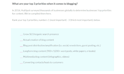 Our content strategy worksheet asks clients for their blogging priorities